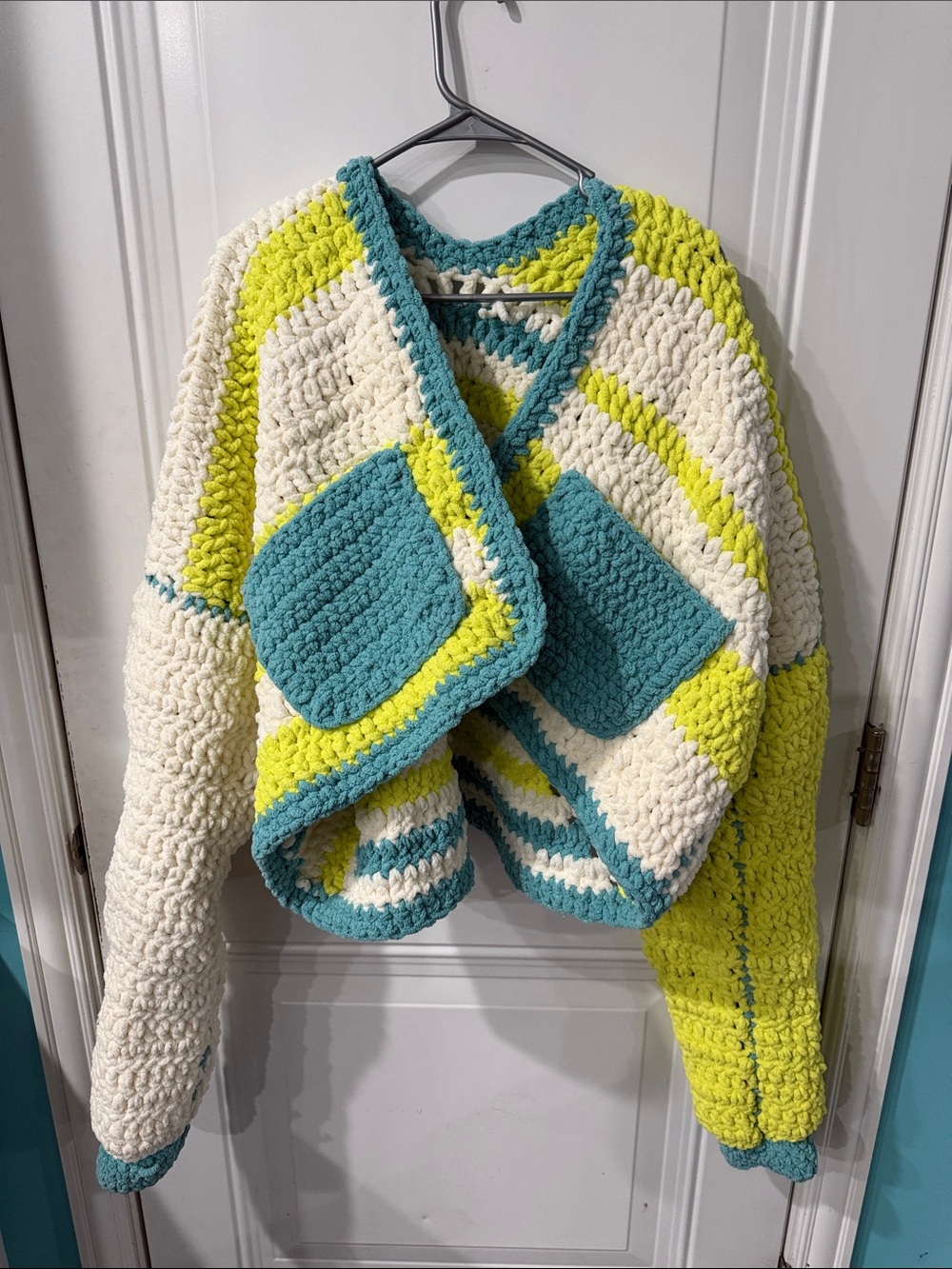 Cozy Chunky Crochet Colorblock Sweater - Cream, Teal & Lime